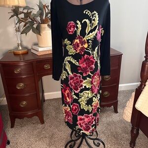 Chico's Black Dress with Red and Green Floral Design